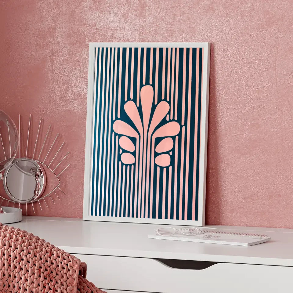 Minimalistisches Poster mit stilisierter Blume in Blau Rosa 5