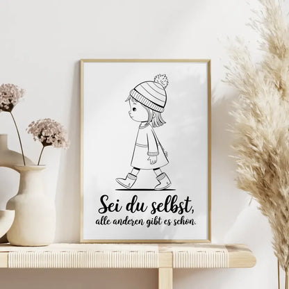 Monochromes Poster Mädchen in Bewegung mit inspirierendem Spruch