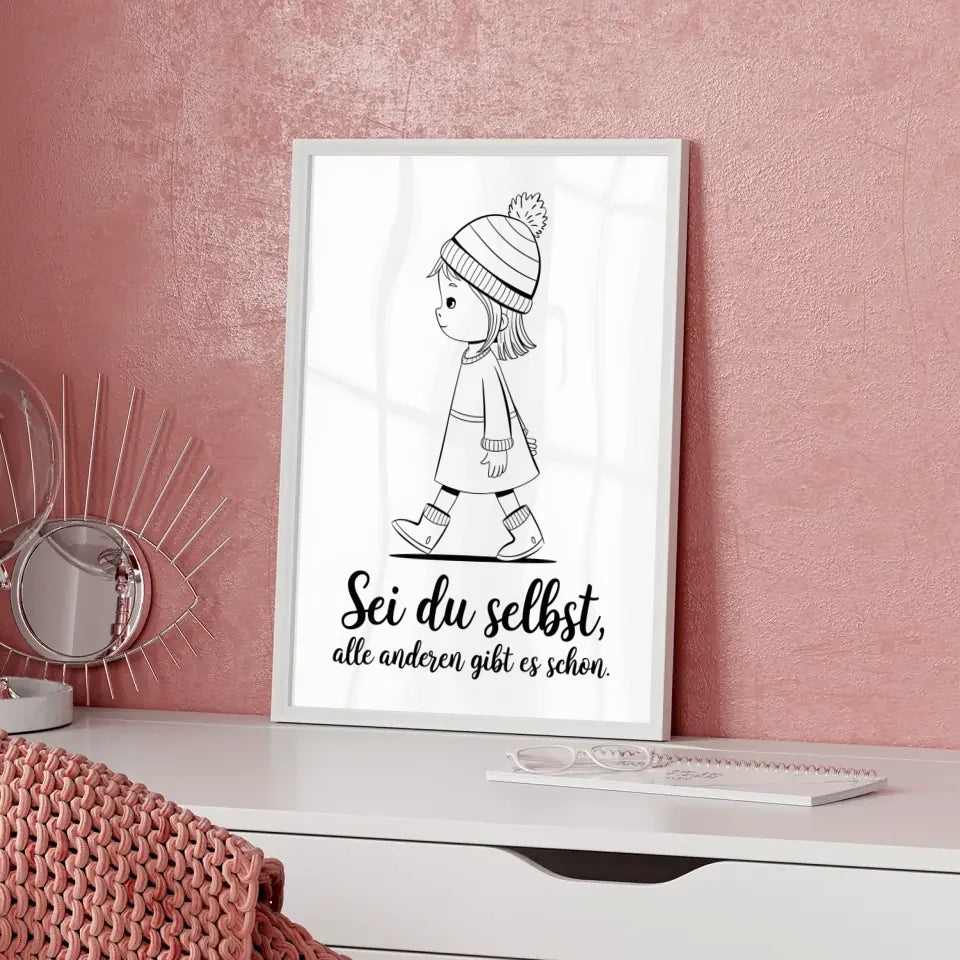 Monochromes Poster Mädchen in Bewegung mit inspirierendem Spruch