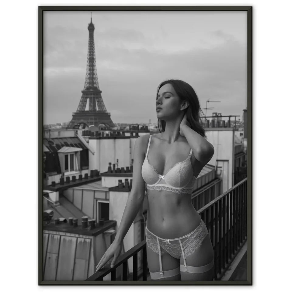 Poster romantisches Paris mit Frau und Eiffelturm