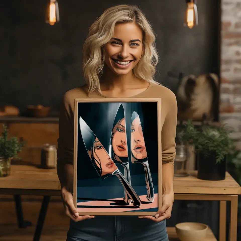 Geheimnisvolles Poster mit Küchenmessern und Gesicht 2