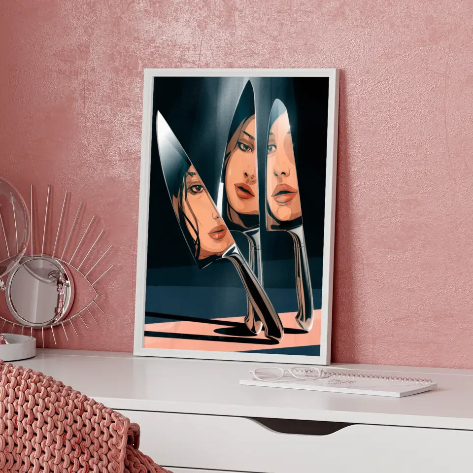 Geheimnisvolles Poster mit Küchenmessern und Gesicht 5