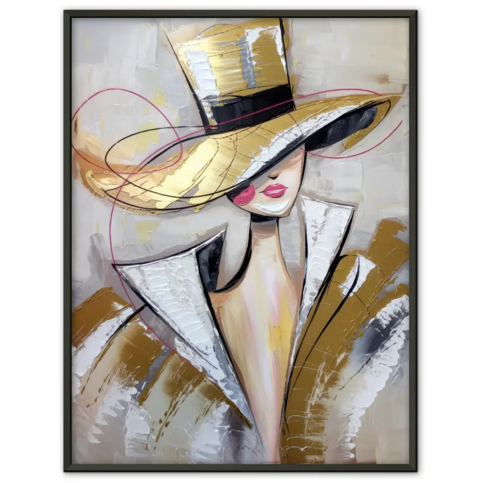Abstraktes Poster stilvolle Frau mit Hut in Beige und Goldtönen 1