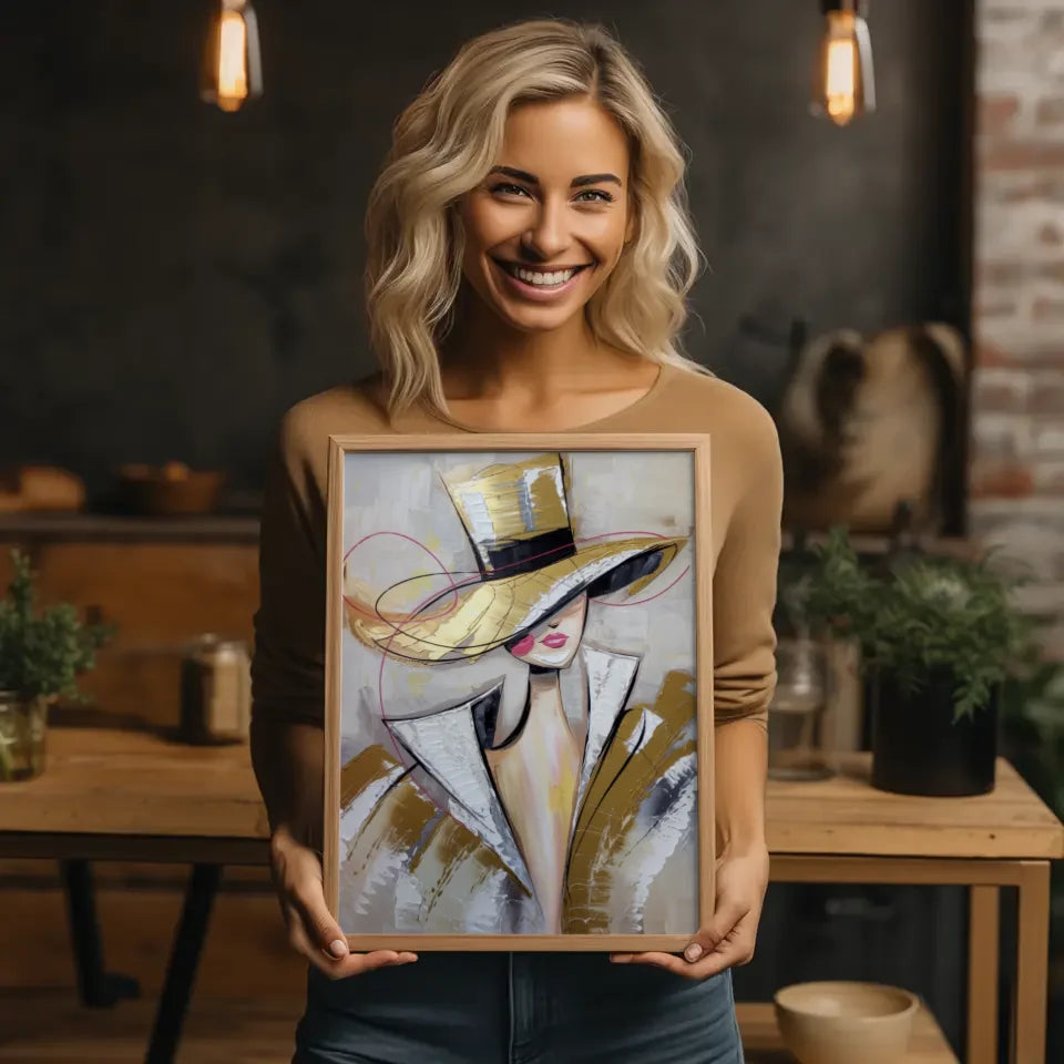 Abstraktes Poster stilvolle Frau mit Hut in Beige und Goldtönen 2