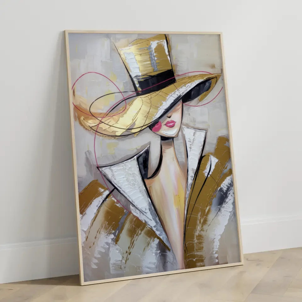Abstraktes Poster stilvolle Frau mit Hut in Beige und Goldtönen 3