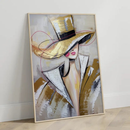 Abstraktes Poster stilvolle Frau mit Hut in Beige und Goldtönen 3