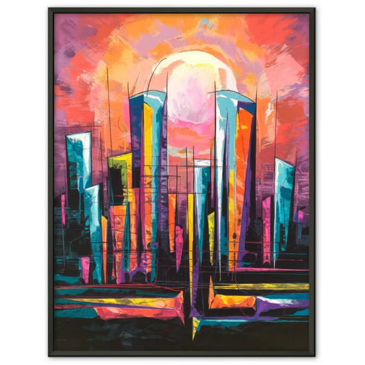 Abstraktes Poster mit lebendiger Stadt-Skyline und Sonne 1