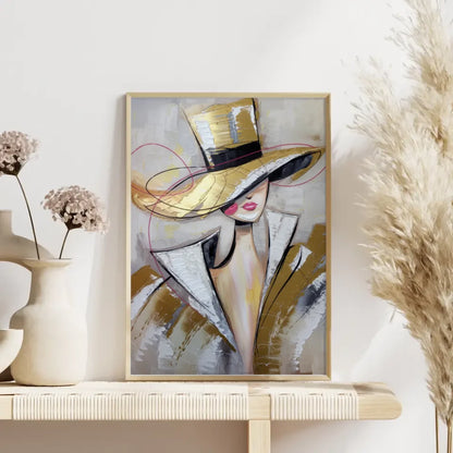 Abstraktes Poster stilvolle Frau mit Hut in Beige und Goldtönen 4