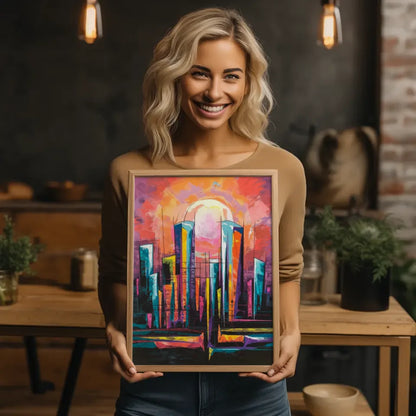 Abstraktes Poster mit lebendiger Stadt-Skyline und Sonne 2