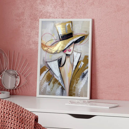 Abstraktes Poster stilvolle Frau mit Hut in Beige und Goldtönen 5