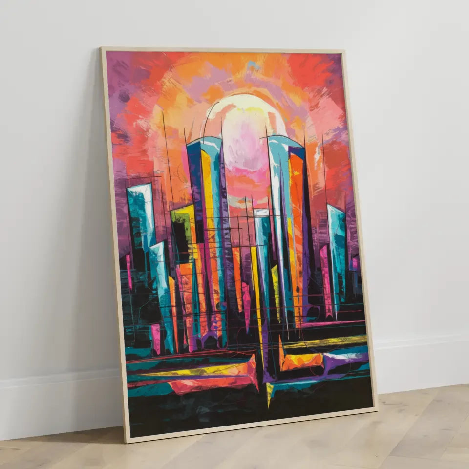 Abstraktes Poster mit lebendiger Stadt-Skyline und Sonne 3
