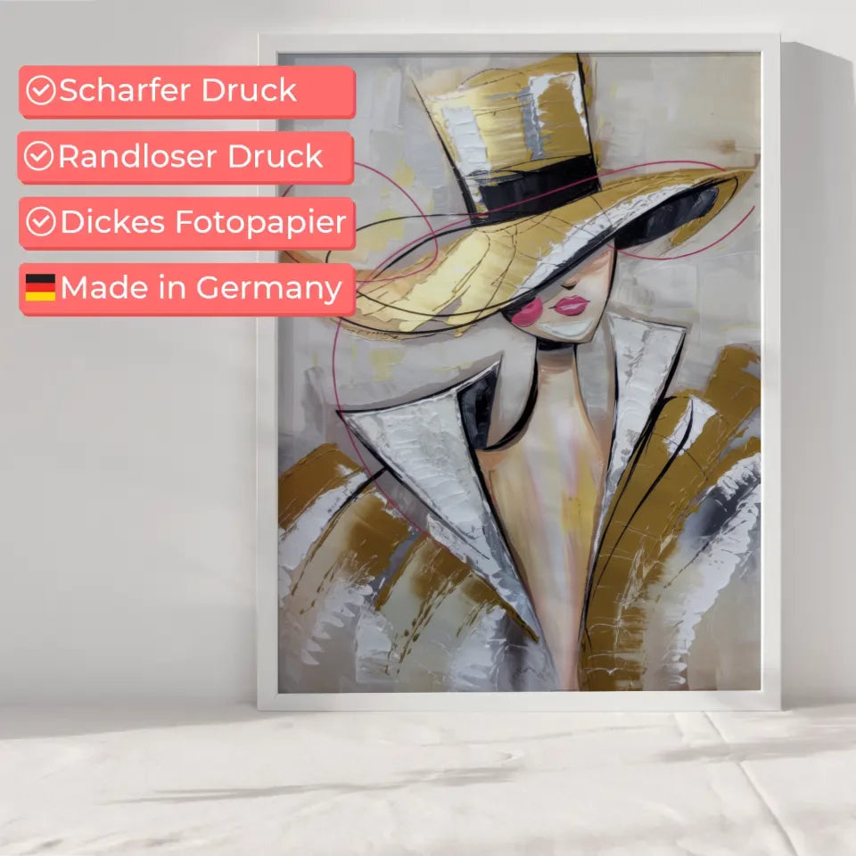 Abstraktes Poster stilvolle Frau mit Hut in Beige und Goldtönen 6