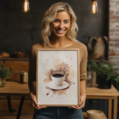 Poster mit abstrakter Kunst und Keramiktasse in Beige