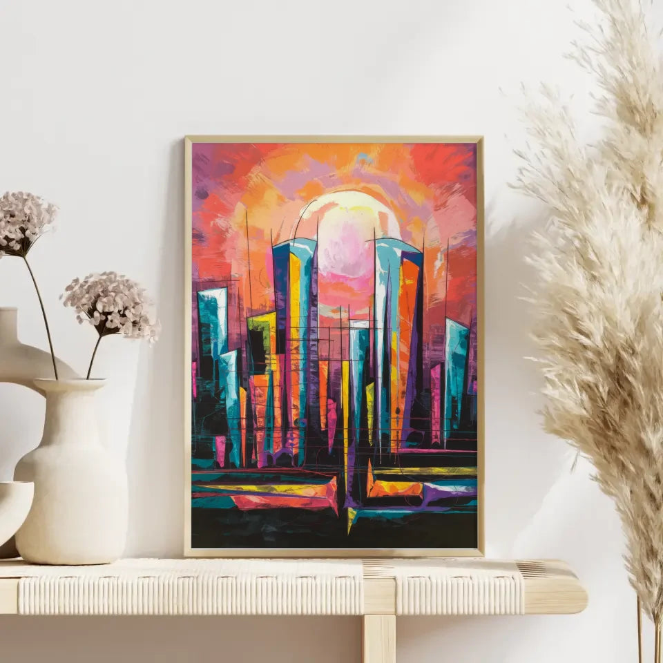 Abstraktes Poster mit lebendiger Stadt-Skyline und Sonne 4