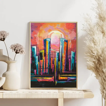 Abstraktes Poster mit lebendiger Stadt-Skyline und Sonne 4