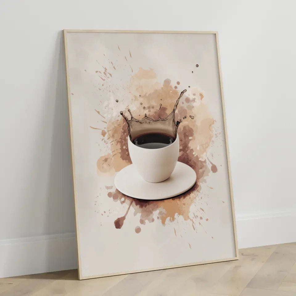 Poster mit abstrakter Kunst und Keramiktasse in Beige