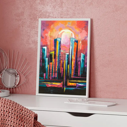 Abstraktes Poster mit lebendiger Stadt-Skyline und Sonne 5