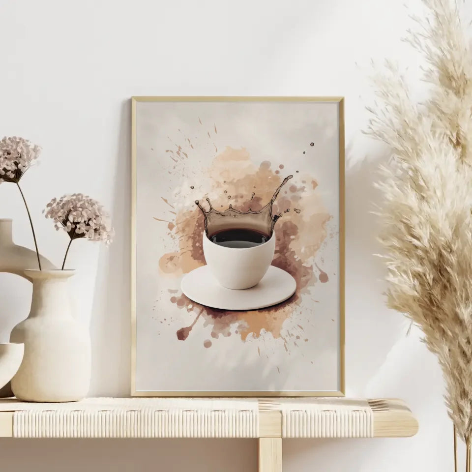 Poster mit abstrakter Kunst und Keramiktasse in Beige