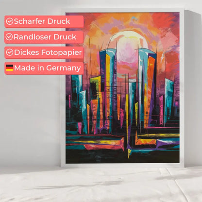 Abstraktes Poster mit lebendiger Stadt-Skyline und Sonne 6