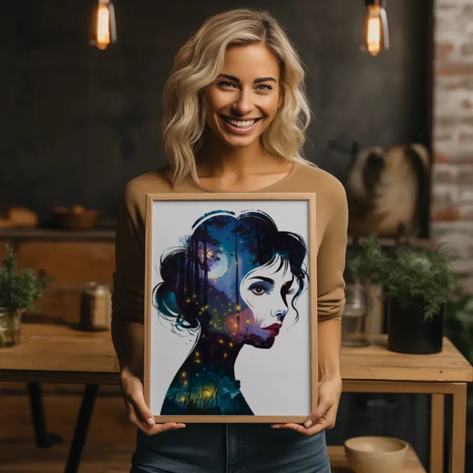 Abstraktes Poster einer Frau im Fantasy Stil mit Nachtwald 2