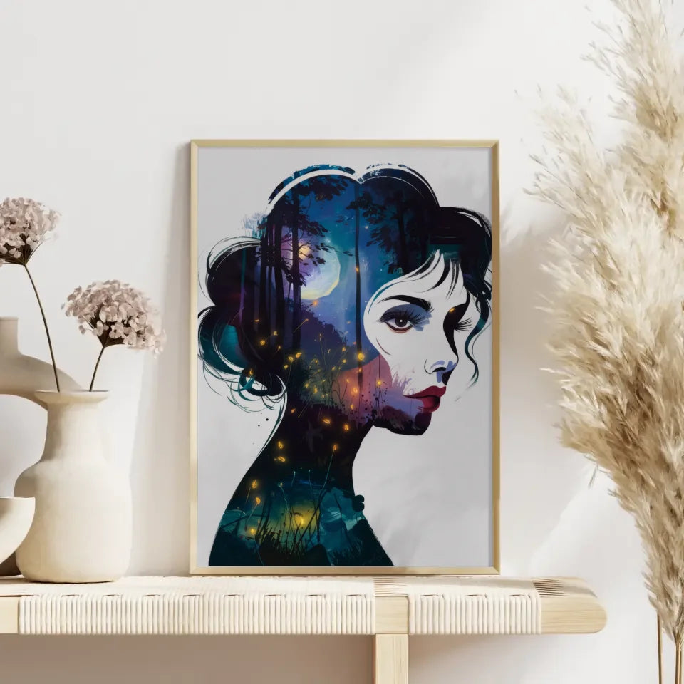 Abstraktes Poster einer Frau im Fantasy Stil mit Nachtwald 4