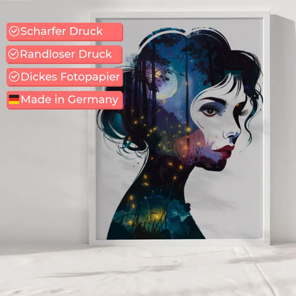 Abstraktes Poster einer Frau im Fantasy Stil mit Nachtwald 6