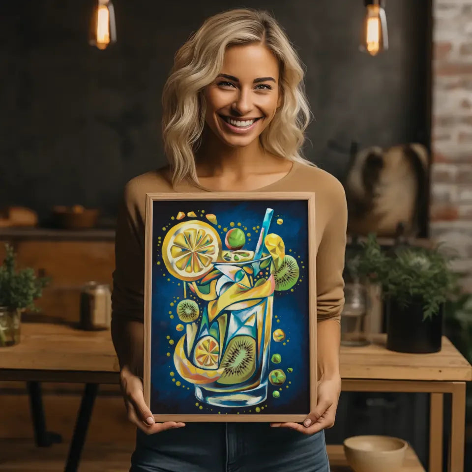 Abstraktes Poster mit Zitronen und Kiwi in lebendigen Farben 2