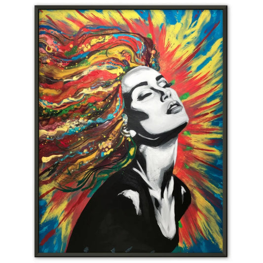 Kunstvolles Poster einer Frau mit buntem Haar und lebendigem Hintergrund 1