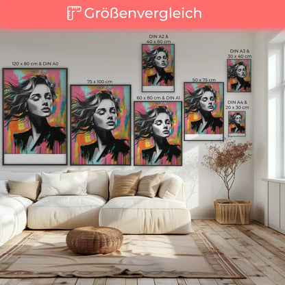 Poster Frauenportrait in Schwarz-Weiß mit buntem Hintergrund