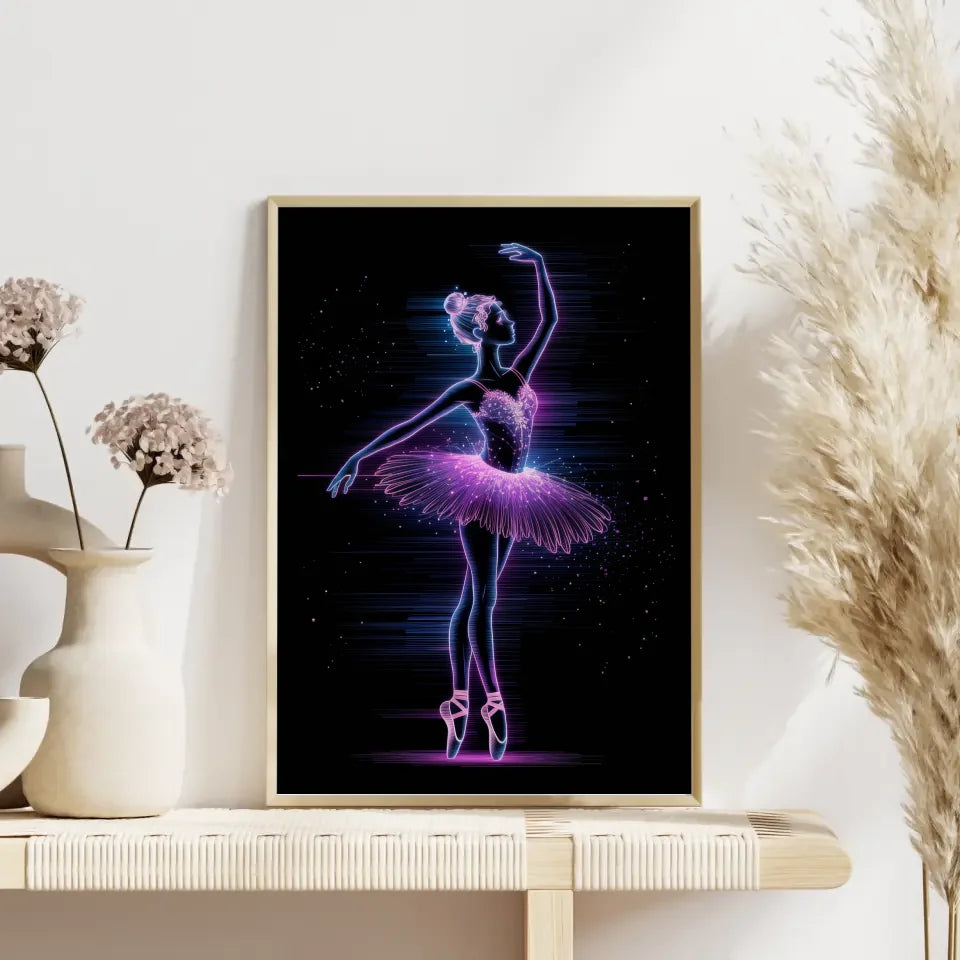 Poster futuristische Ballerina in neonleuchtendem Stil mit Magie