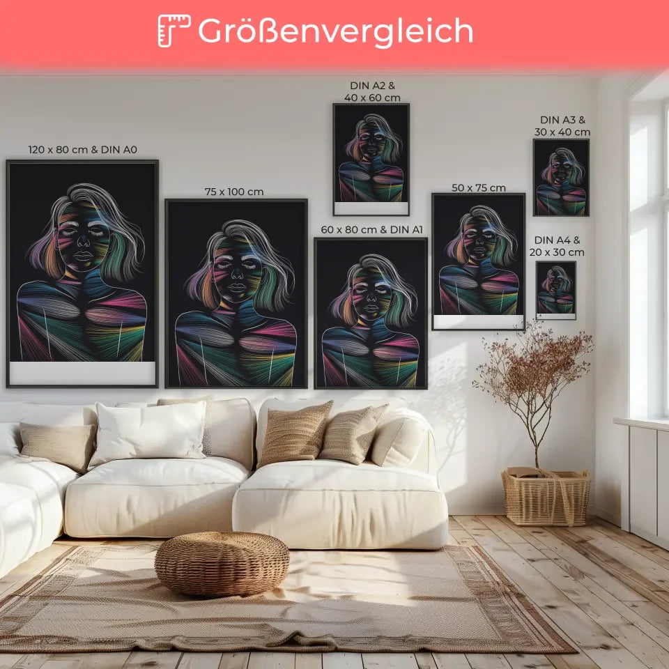 Schöne Frauenportrait Poster mit bunten Linien und Mustern