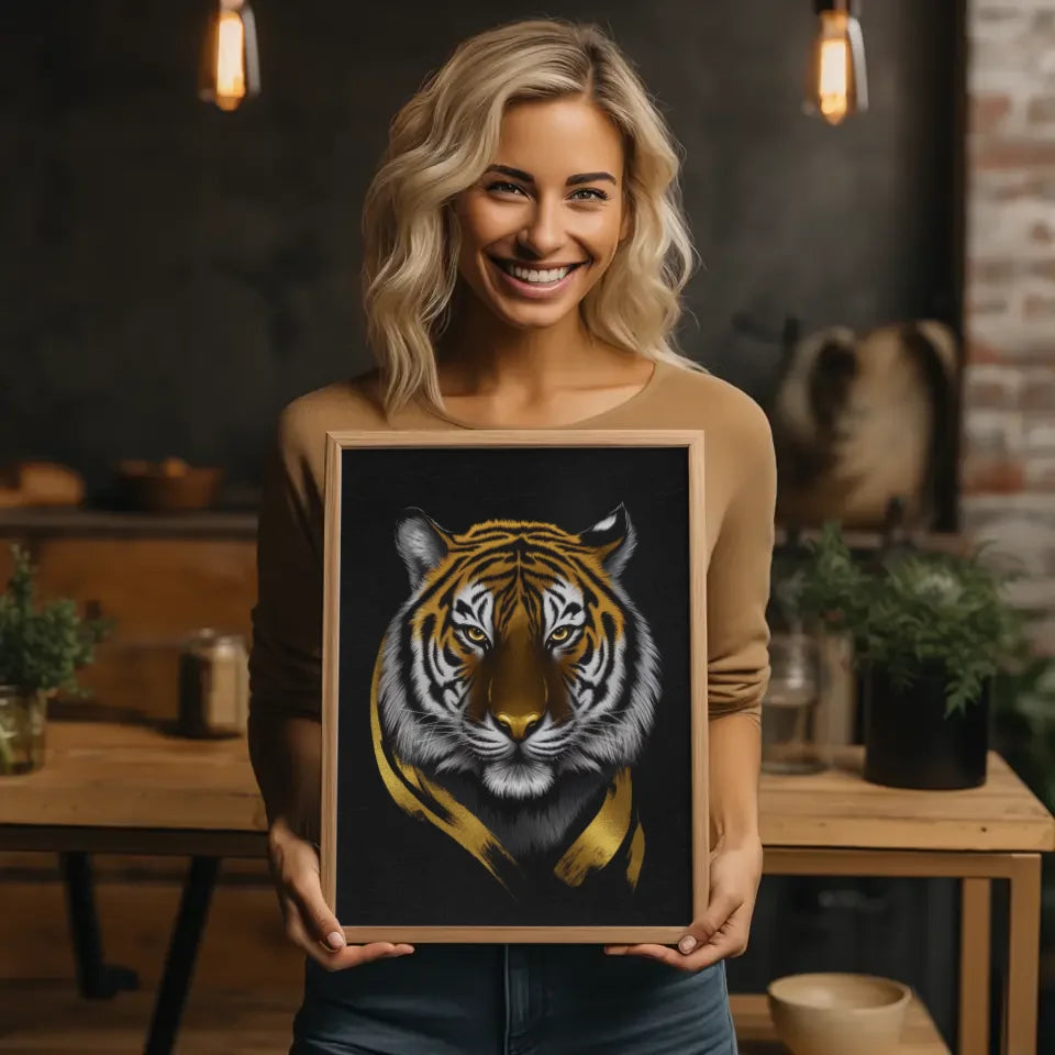 Künstlerischer Tiger Poster vor schwarzem Hintergrund