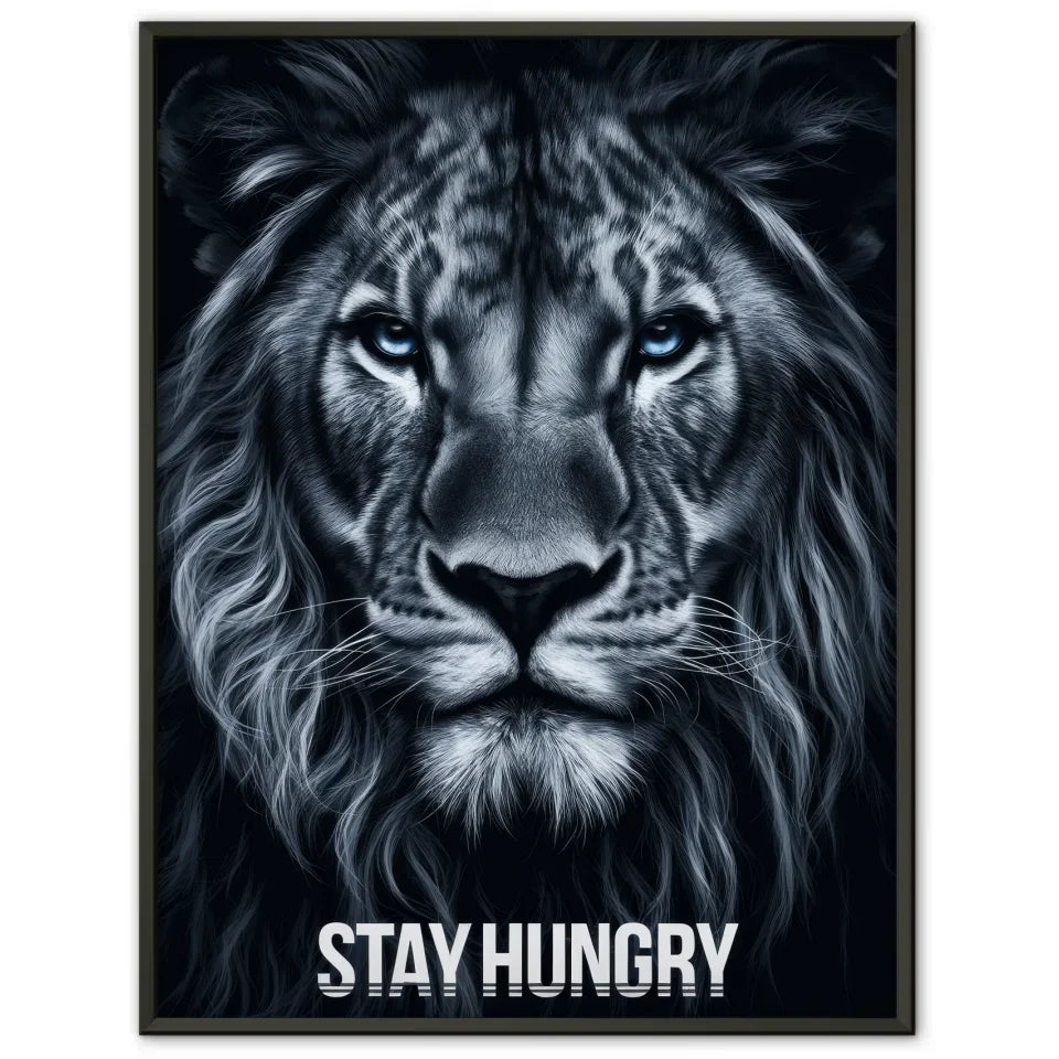 Majestätischer Löwen Poster mit intensiven blauen Augen und Botschaft