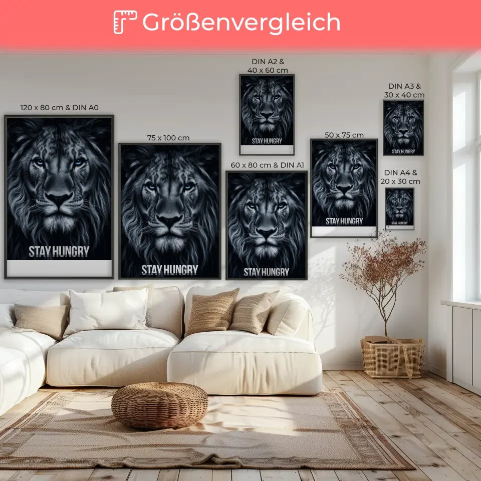 Majestätischer Löwen Poster mit intensiven blauen Augen und Botschaft