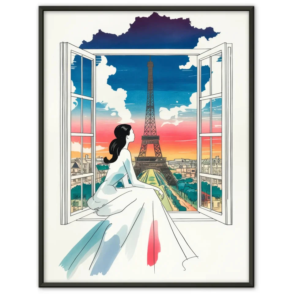 Poster mit Frau im Kleid und Eiffelturm in Paris Kunstwerk