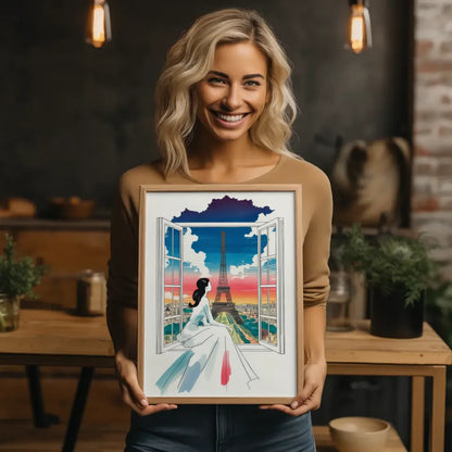 Poster mit Frau im Kleid und Eiffelturm in Paris Kunstwerk