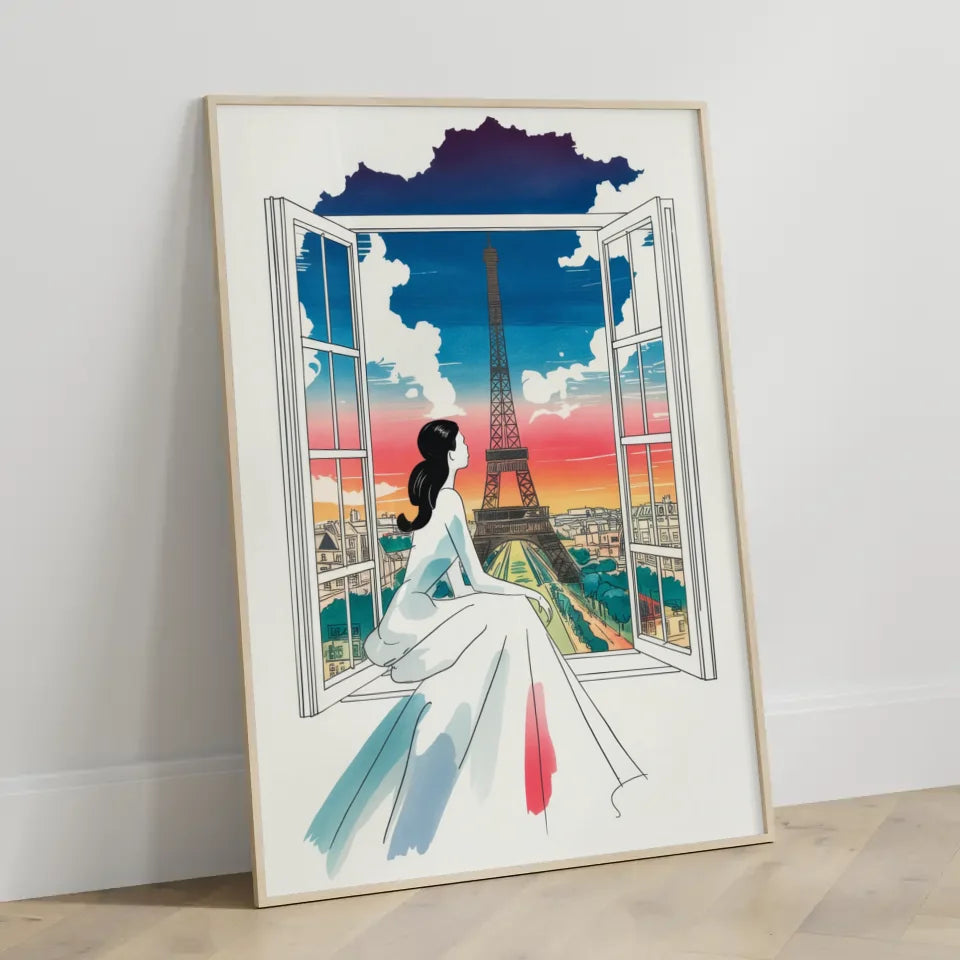 Poster mit Frau im Kleid und Eiffelturm in Paris Kunstwerk