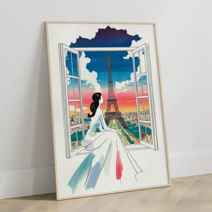 Poster mit Frau im Kleid und Eiffelturm in Paris Kunstwerk