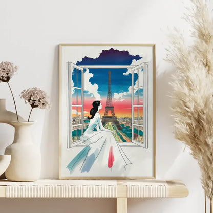 Poster mit Frau im Kleid und Eiffelturm in Paris Kunstwerk