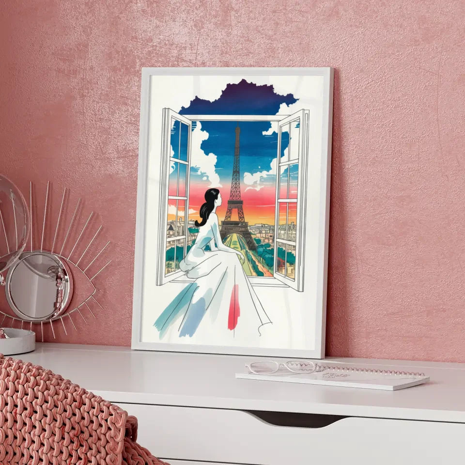 Poster mit Frau im Kleid und Eiffelturm in Paris Kunstwerk