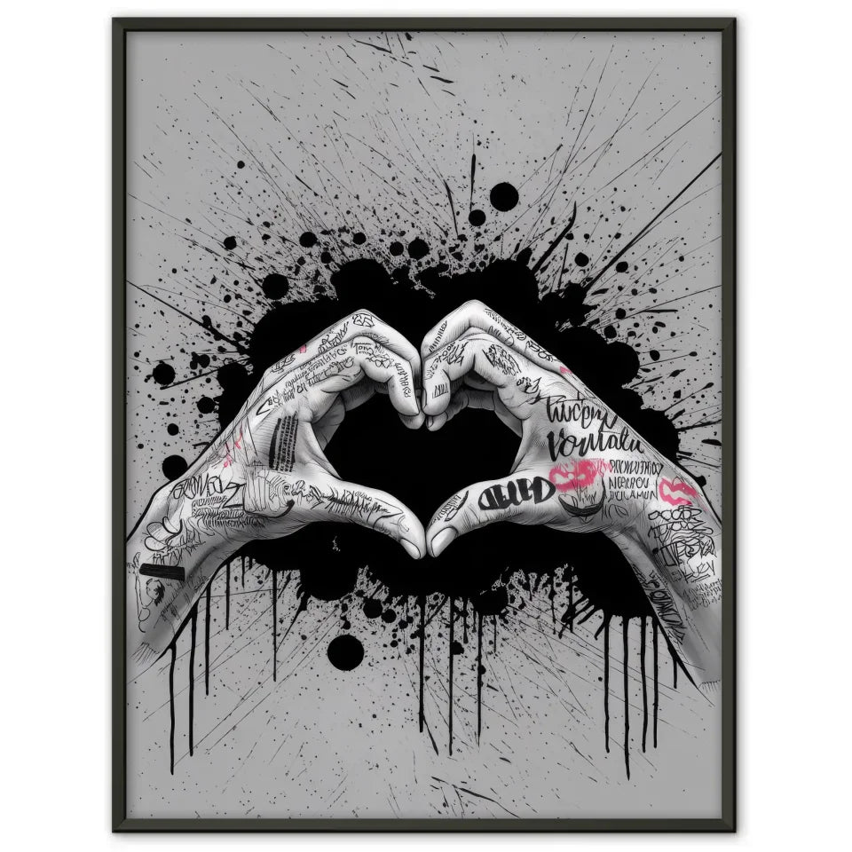 Kreatives Poster mit Händen die ein Herz formen im Graffiti Stil