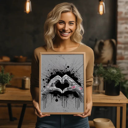 Kreatives Poster mit Händen die ein Herz formen im Graffiti Stil