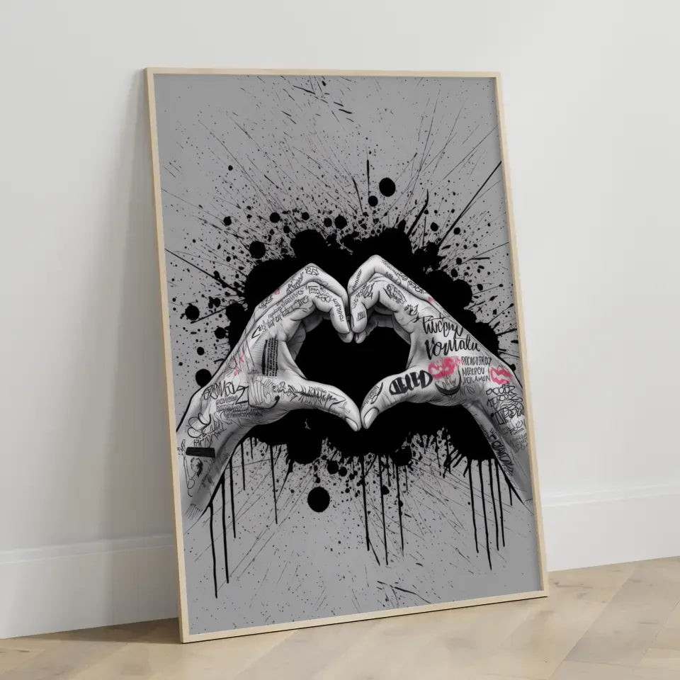 Kreatives Poster mit Händen die ein Herz formen im Graffiti Stil