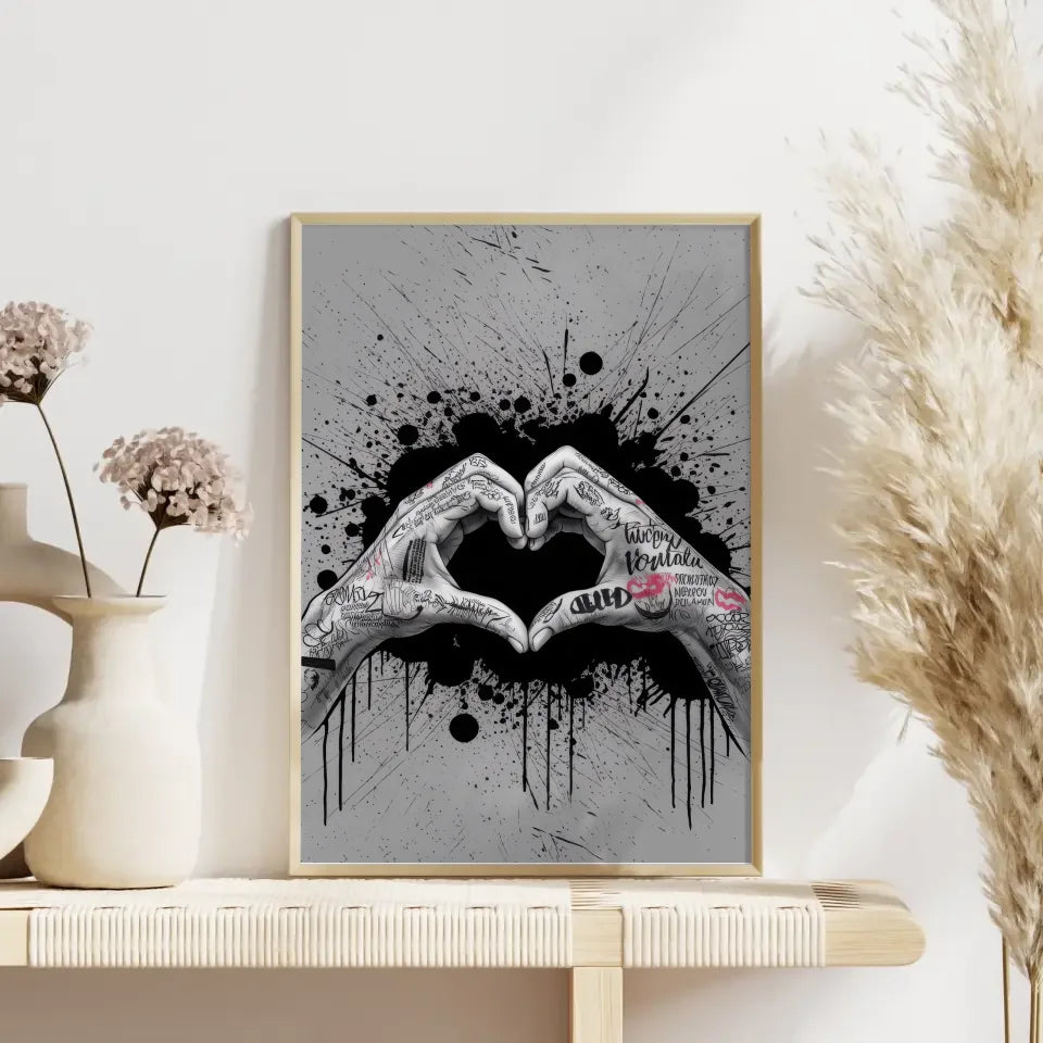 Kreatives Poster mit Händen die ein Herz formen im Graffiti Stil