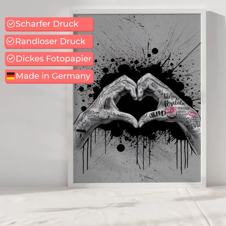 Kreatives Poster mit Händen die ein Herz formen im Graffiti Stil