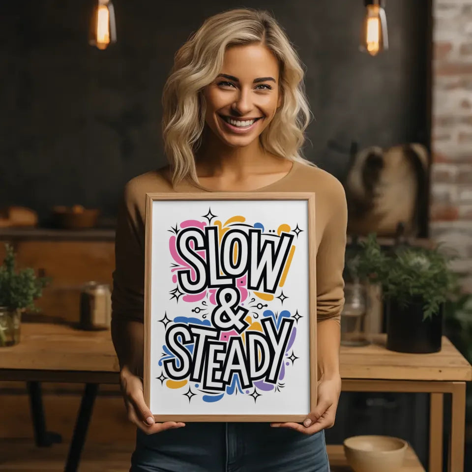 Poster mit skurrilem Typografie-Kunstwerk Slow & Steady in leuchtenden Farben