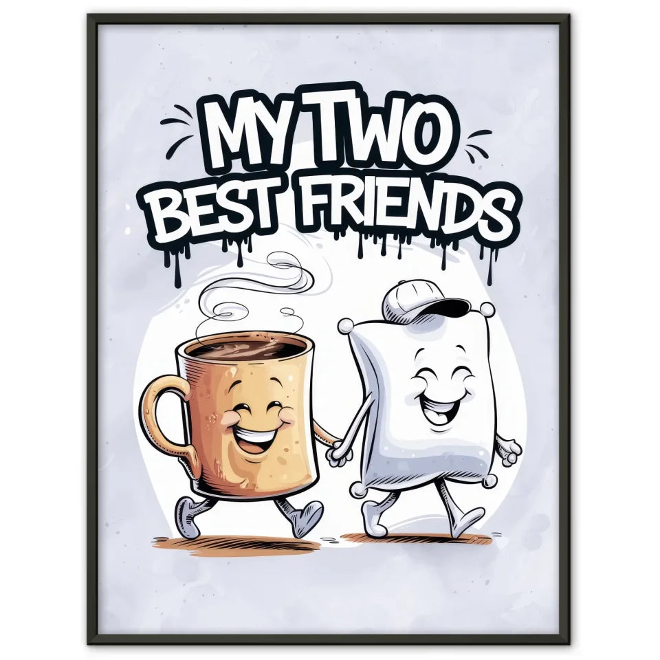 Fröhlicher Poster mit Kaffeetasse und Kissen im Cartoon Stil