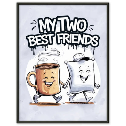 Fröhlicher Poster mit Kaffeetasse und Kissen im Cartoon Stil