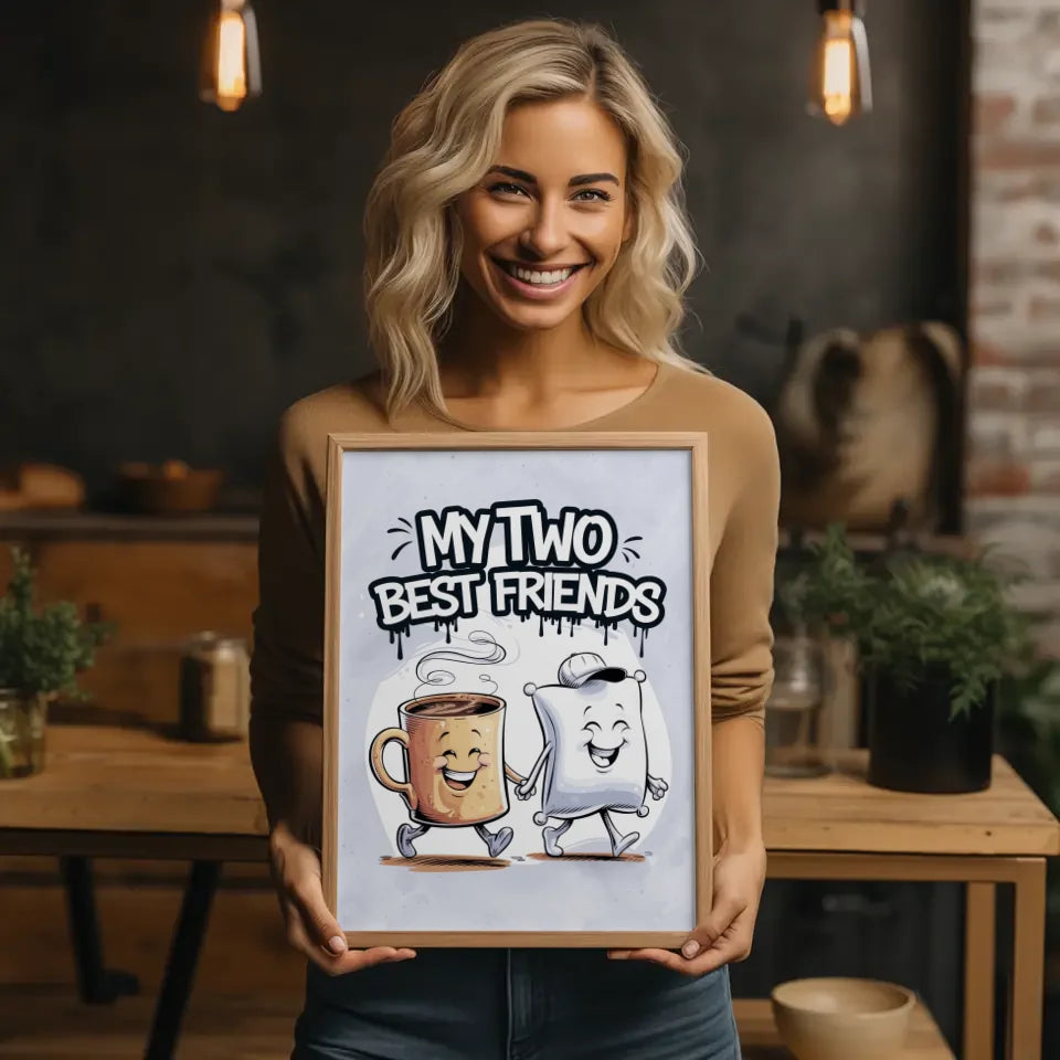 Fröhlicher Poster mit Kaffeetasse und Kissen im Cartoon Stil