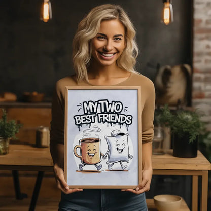 Fröhlicher Poster mit Kaffeetasse und Kissen im Cartoon Stil